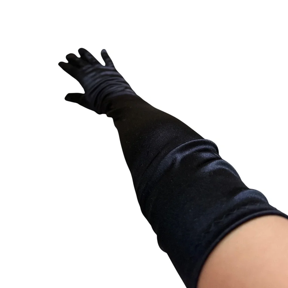Vintage Style Black Satin Opera Length Evening Gloves Over Elbow Formal 21 Inch